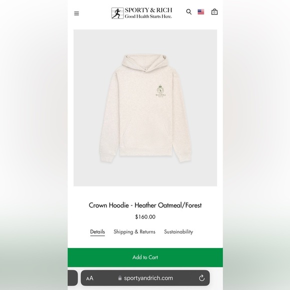 NWOT SPORTY & RICH Gray/Green Crown Cotton Blend Hoodie Large - Picture 4 of 16